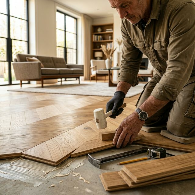 Artisan posant finement un parquet en chêne clair