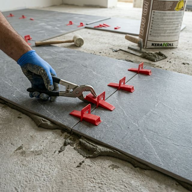 Gros plan sur la pose méticuleuse d'un sol en carrelage avec utilisation de croisillons autonivelants